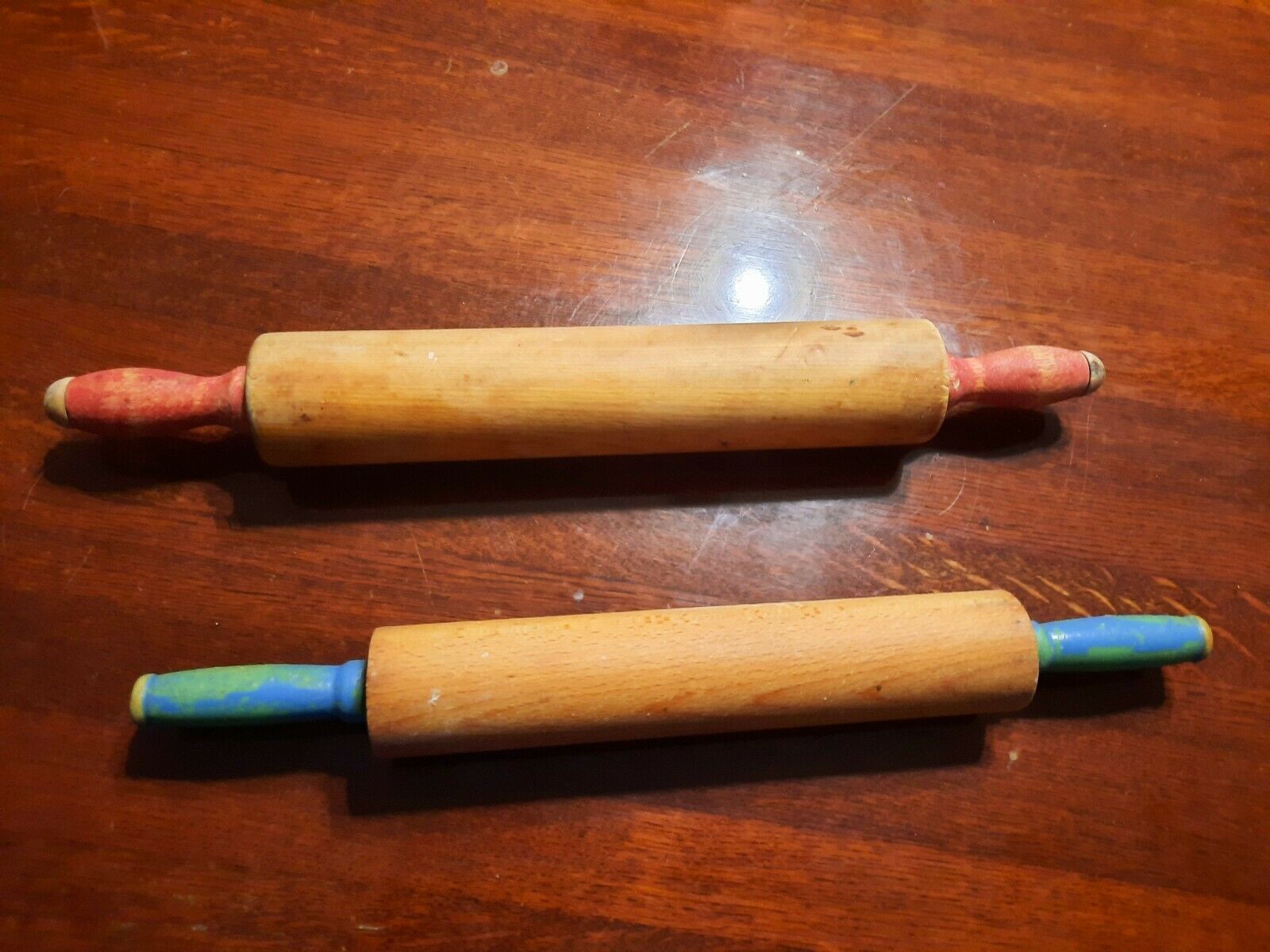 Lot Of 2 Antique Original Farmhouse Fullsize Rolling Pins Blue Red Free Shipping