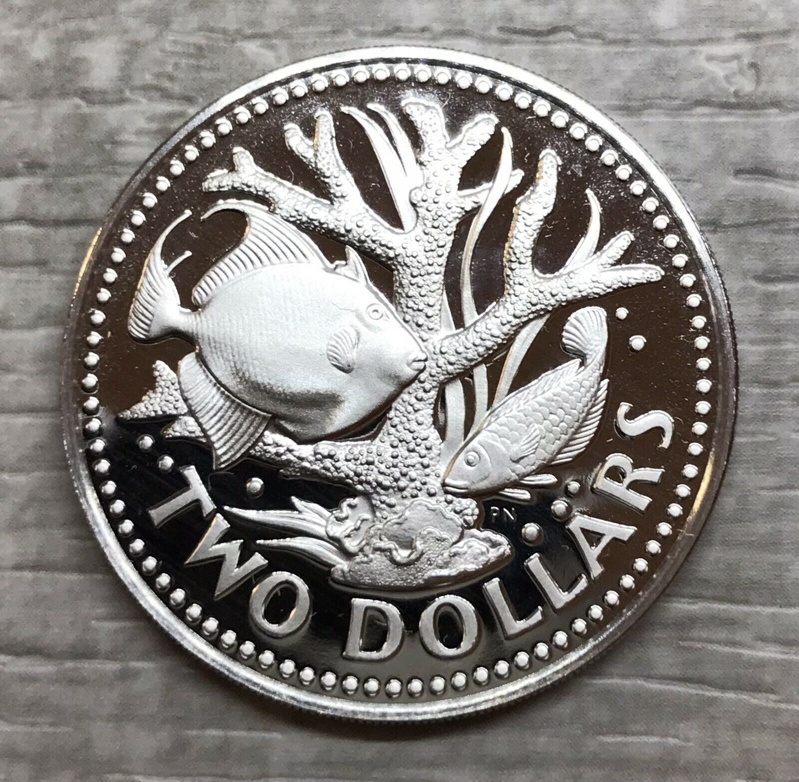 1980 Barbados $2 Dollars Coral Reef Fish Proof Coin (g159)